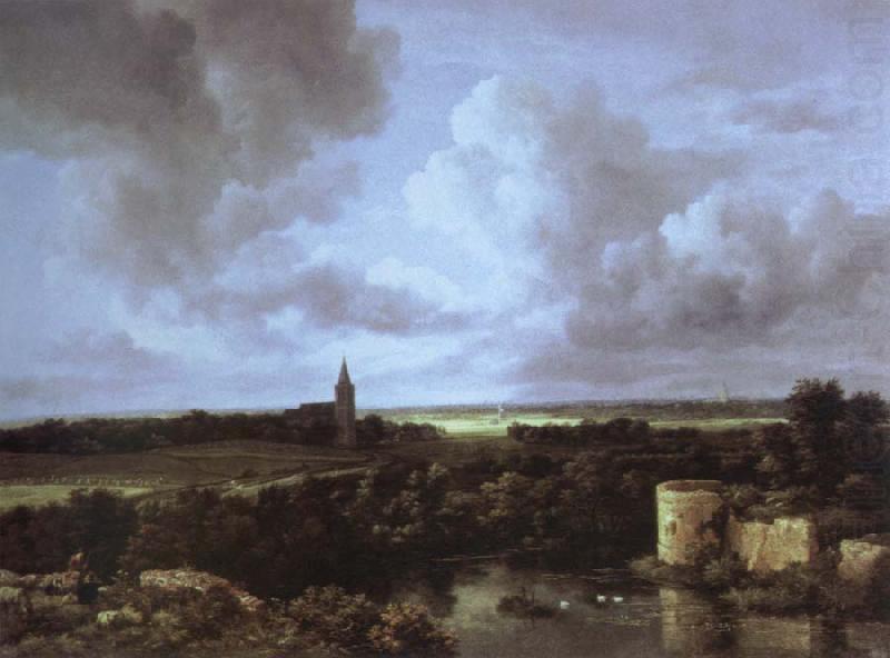 an extensive landscape with a ruined castle and a village church, Jacob van Ruisdael